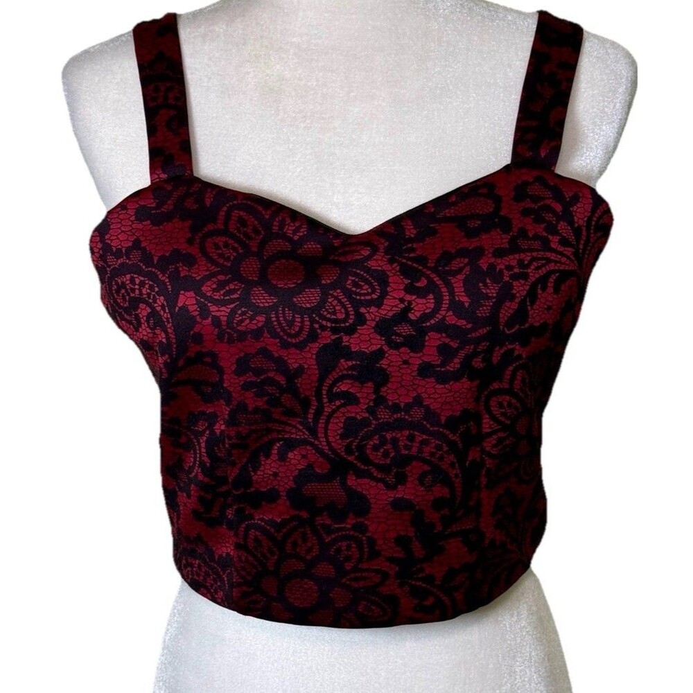 Women’s Gothic Romantic Burgundy Black‎ Lace Crop Top Baroque Date Night Sz Lg